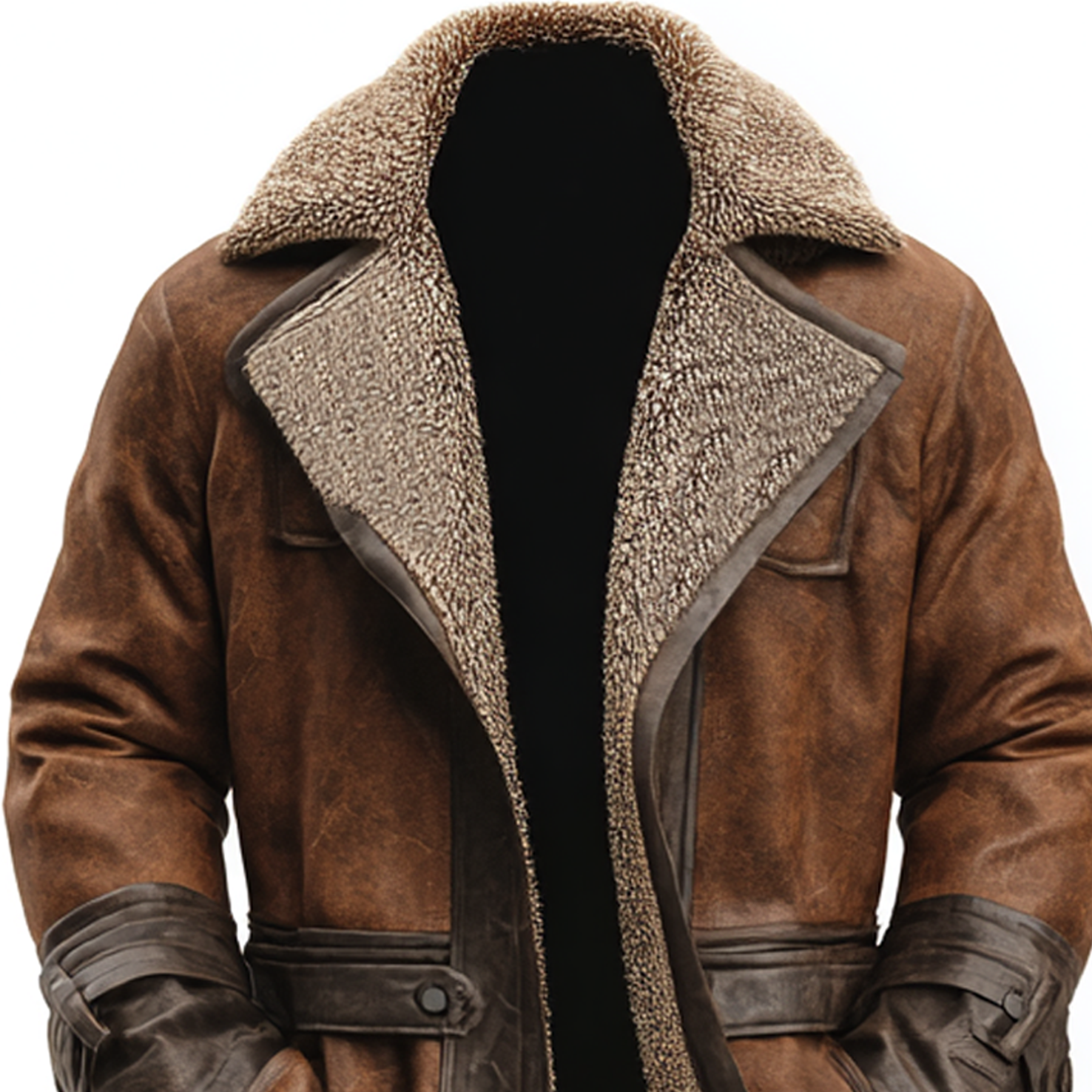Men's Vintage Brown Suede Shearling Coat With Leather Trim