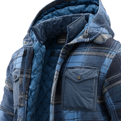 Men's Vintage Blue Plaid Hooded Jacket With Quilted Lining