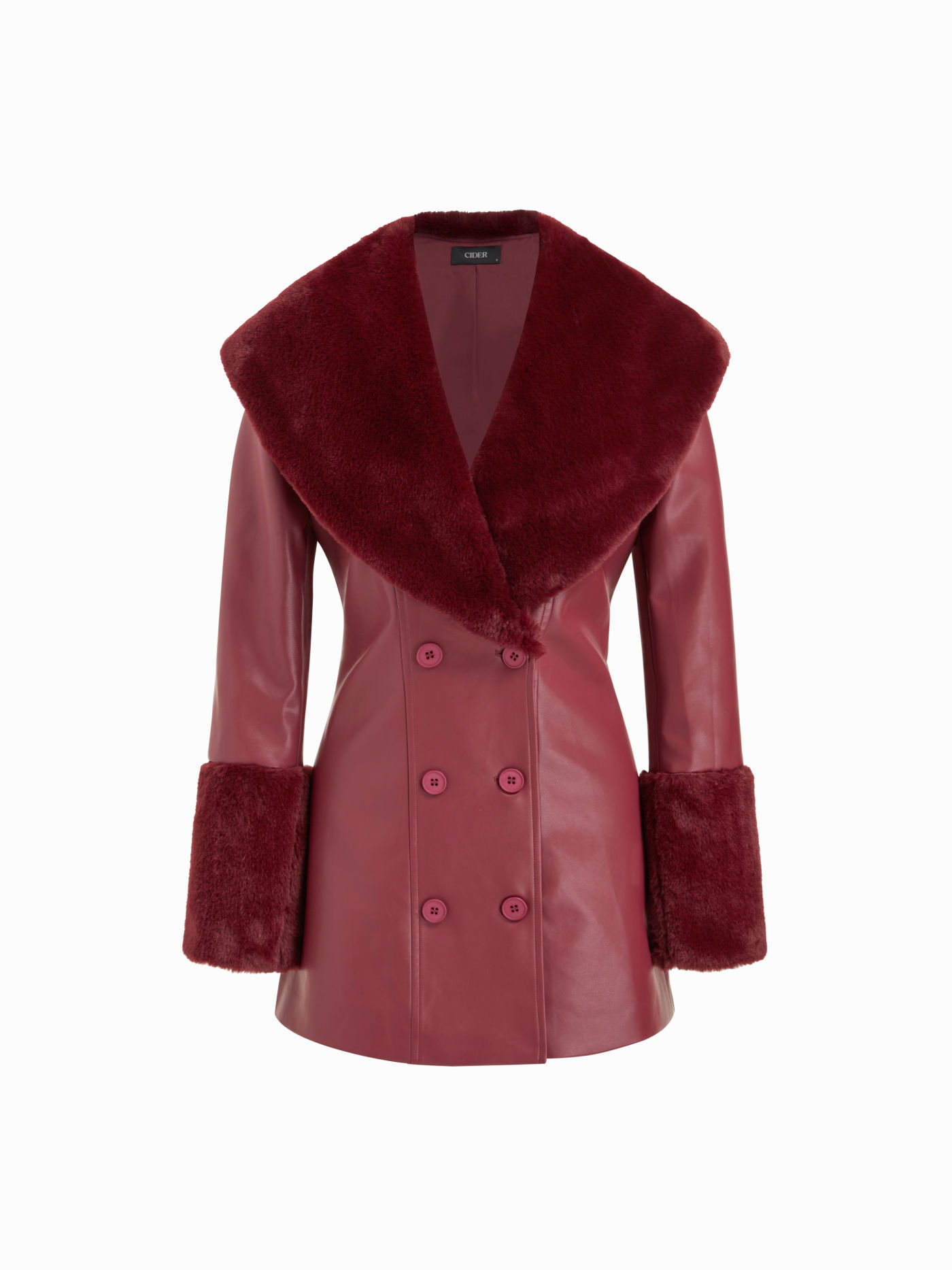 Faux Leather Double Breasted Jacket With Fleece Collar & Cuffs