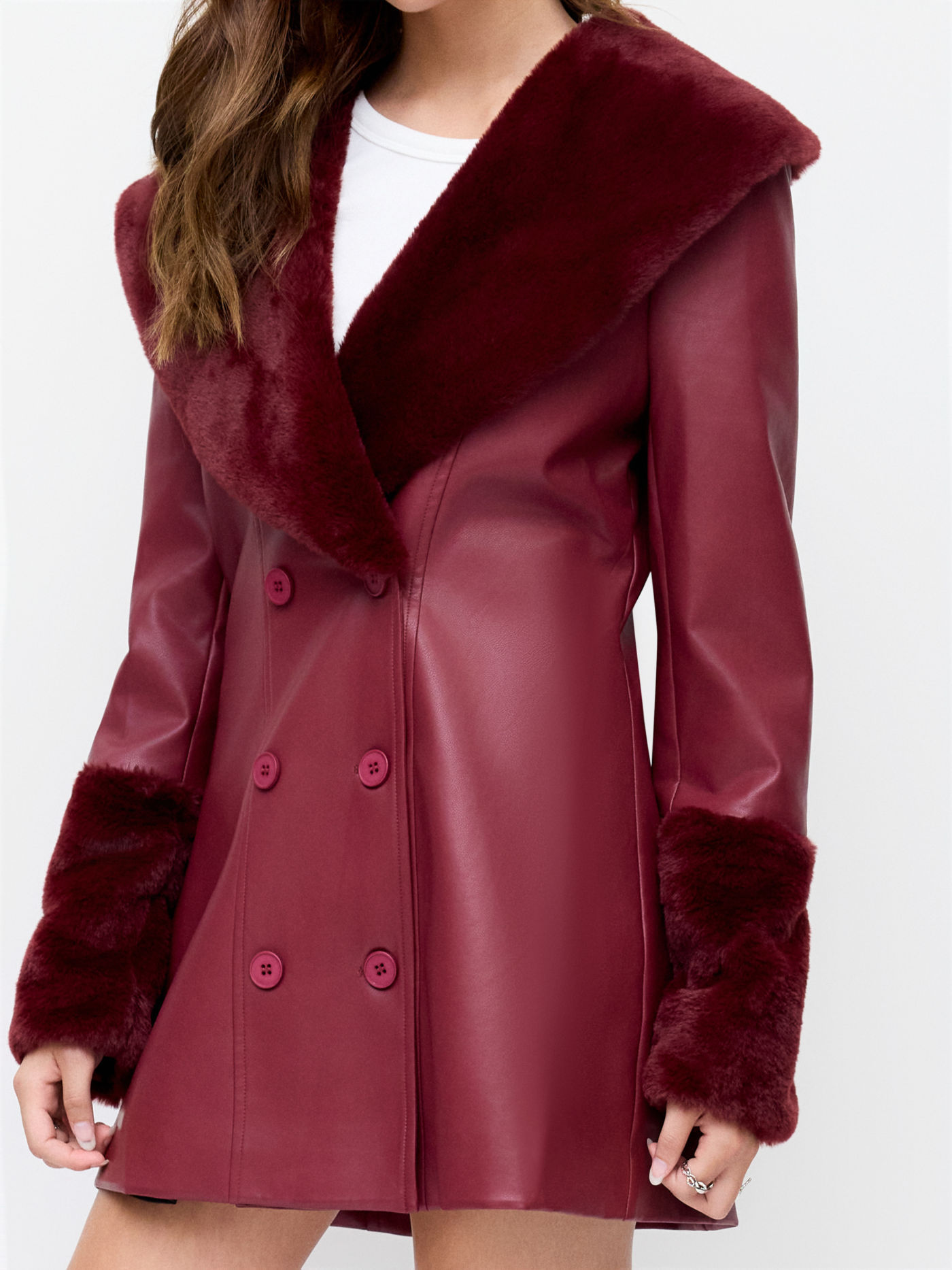 Faux Leather Double Breasted Jacket With Fleece Collar & Cuffs