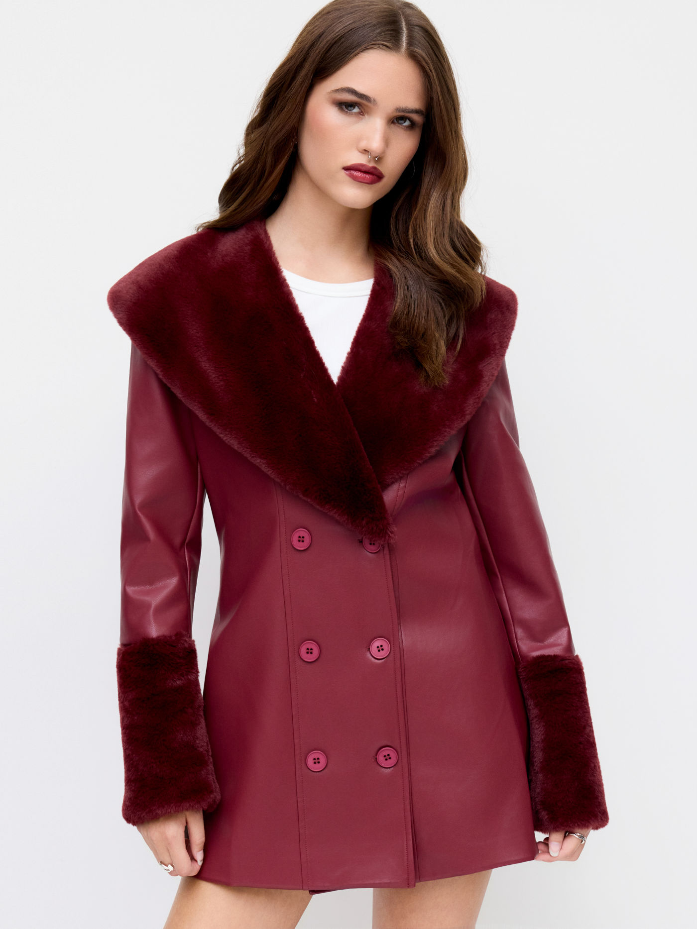 Faux Leather Double Breasted Jacket With Fleece Collar & Cuffs
