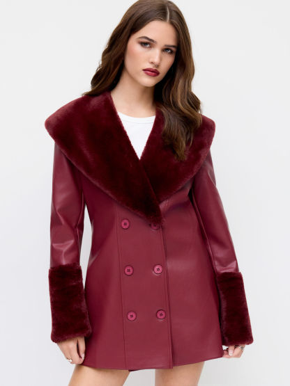 Faux Leather Double Breasted Jacket With Fleece Collar & Cuffs