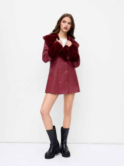 Faux Leather Double Breasted Jacket With Fleece Collar & Cuffs