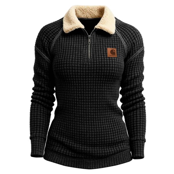 Women's Vintage Black Waffle Knit Quarter-Zip Fur Lapel Long-Sleeve Sweatshirt