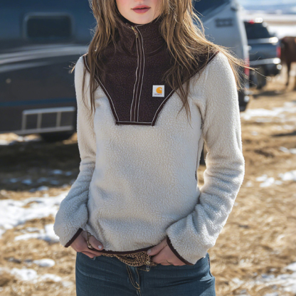 Women's slim-fit contrast color stitching lambswool half-zip stand-up collar long-sleeved sweatshirt