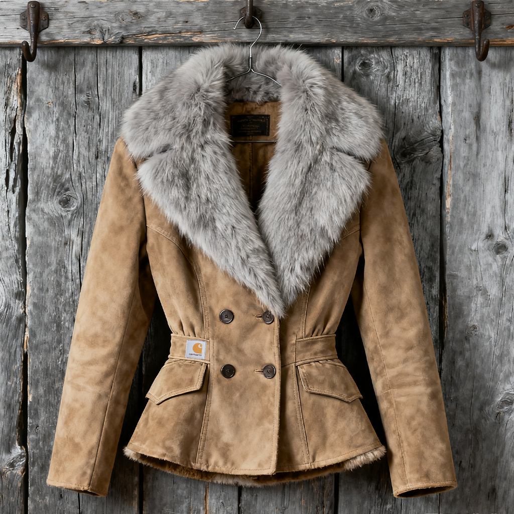 Women's Vintage Classic Elegant Tan Shearling Jacket With Faux Fur Collar