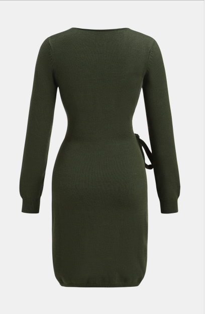 Olive Green Long Sleeve Wrap Mini Sweater Dress