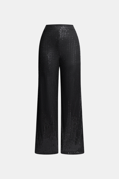 Black Sequins Wide Leg Jersey Pants