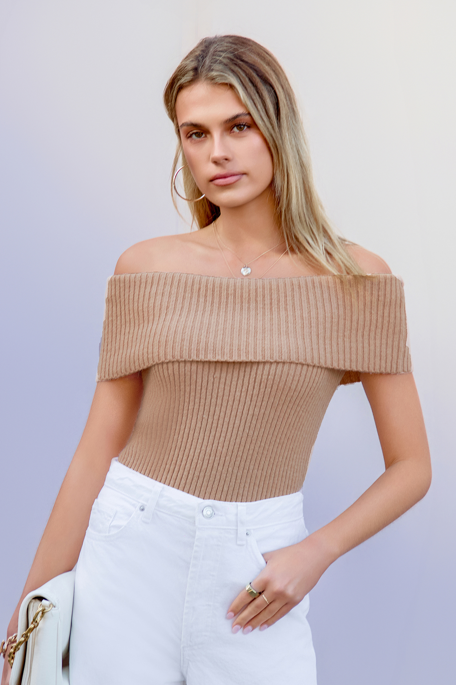 Khaki Ribbed Knit Foldover Off-Shoulder Top