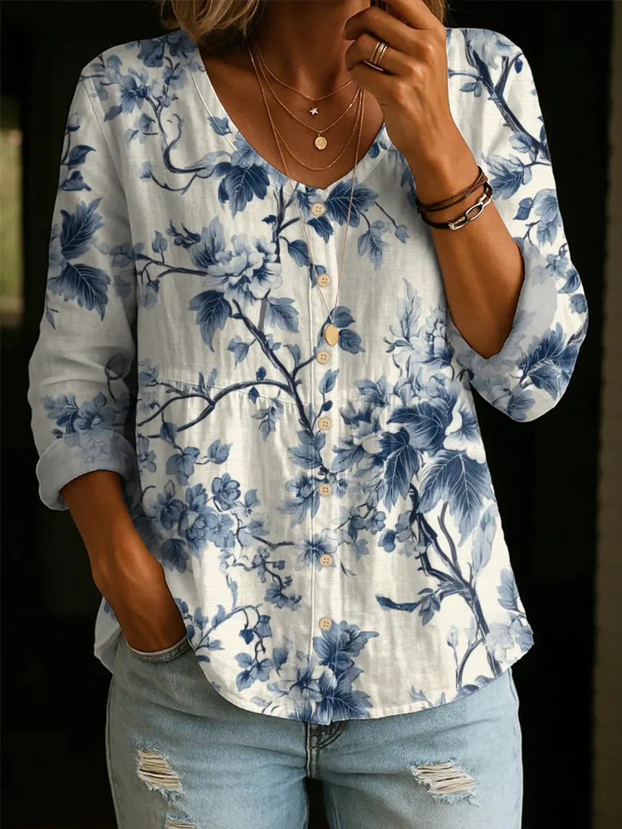 Women's Floral Pattern Art Print Casual Cotton Shirt