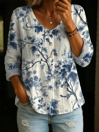 Women's Floral Pattern Art Print Casual Cotton Shirt