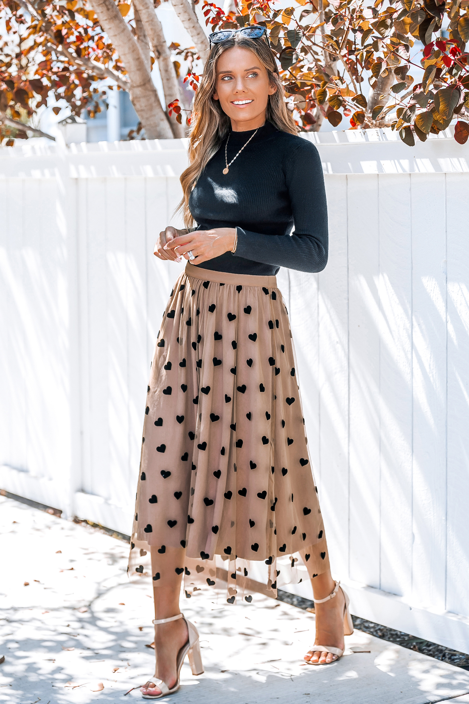 Heart Print Mesh Midi Skirt