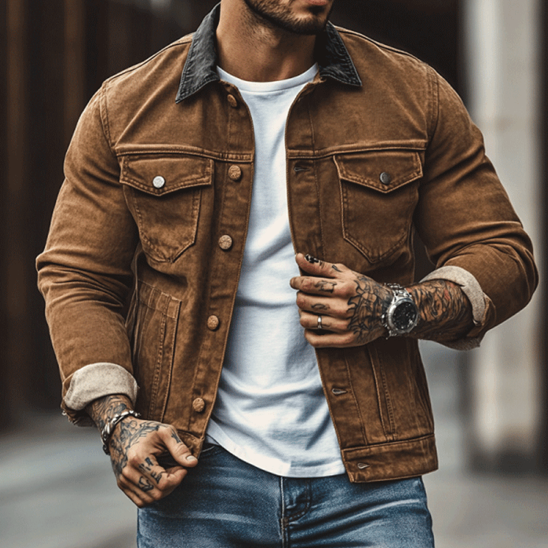 Men's Vintage Distressed Corduroy Splicing Contrasting Colors Jacket