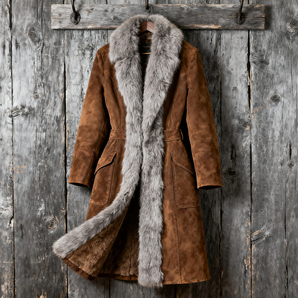 Women's Vintage Elegant Brown Suede Coat With Gray Fur Collar