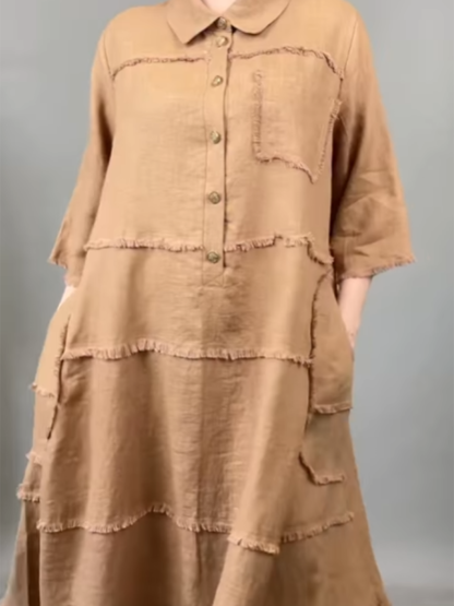 Women's Tassel Pocket Linen Shirt Dress