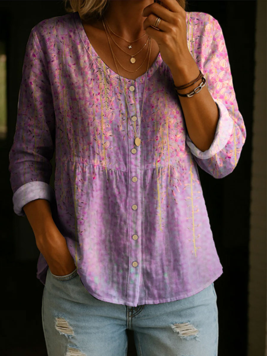 Women's Floral Pattern Art Print Casual Cotton Shirt