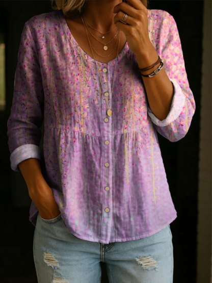 Women's Floral Pattern Art Print Casual Cotton Shirt