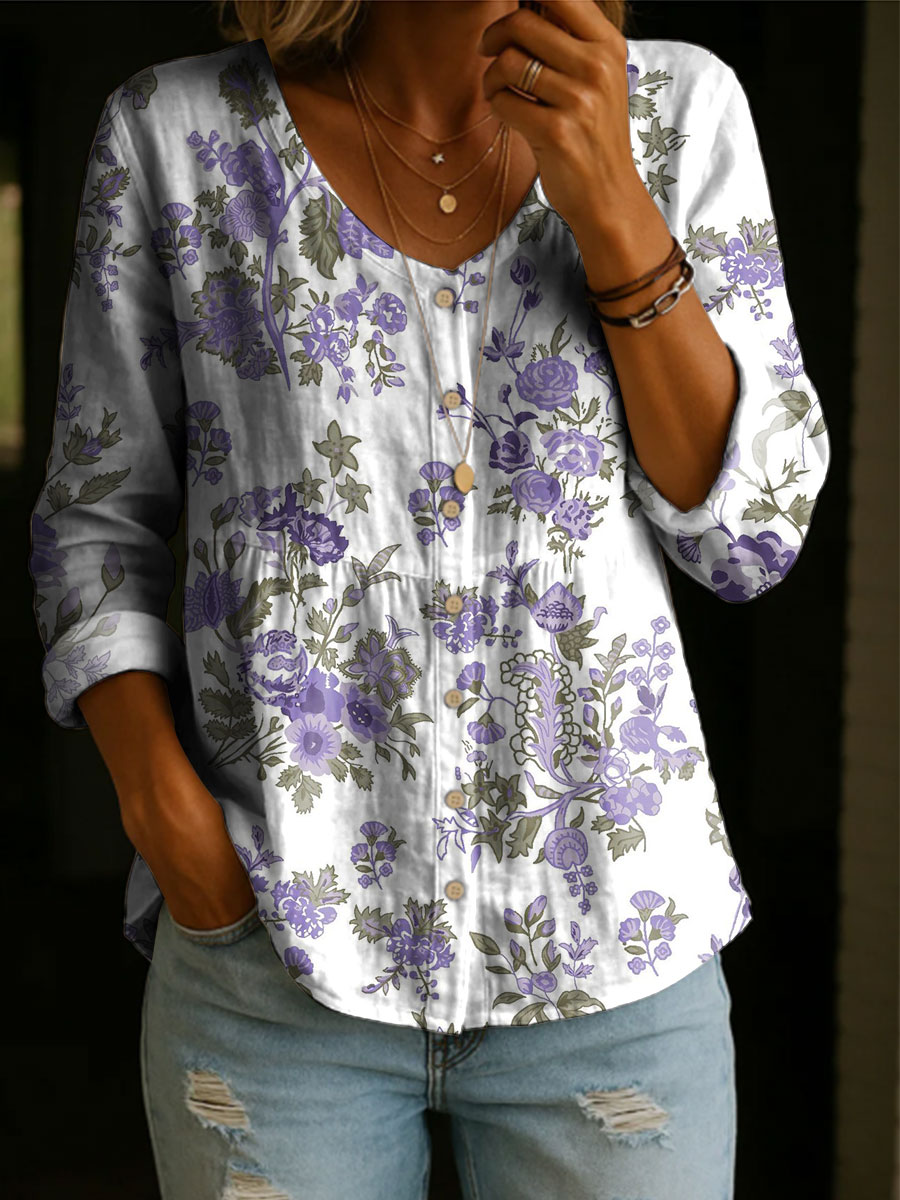 Women's Floral Pattern Art Print Casual Cotton Shirt