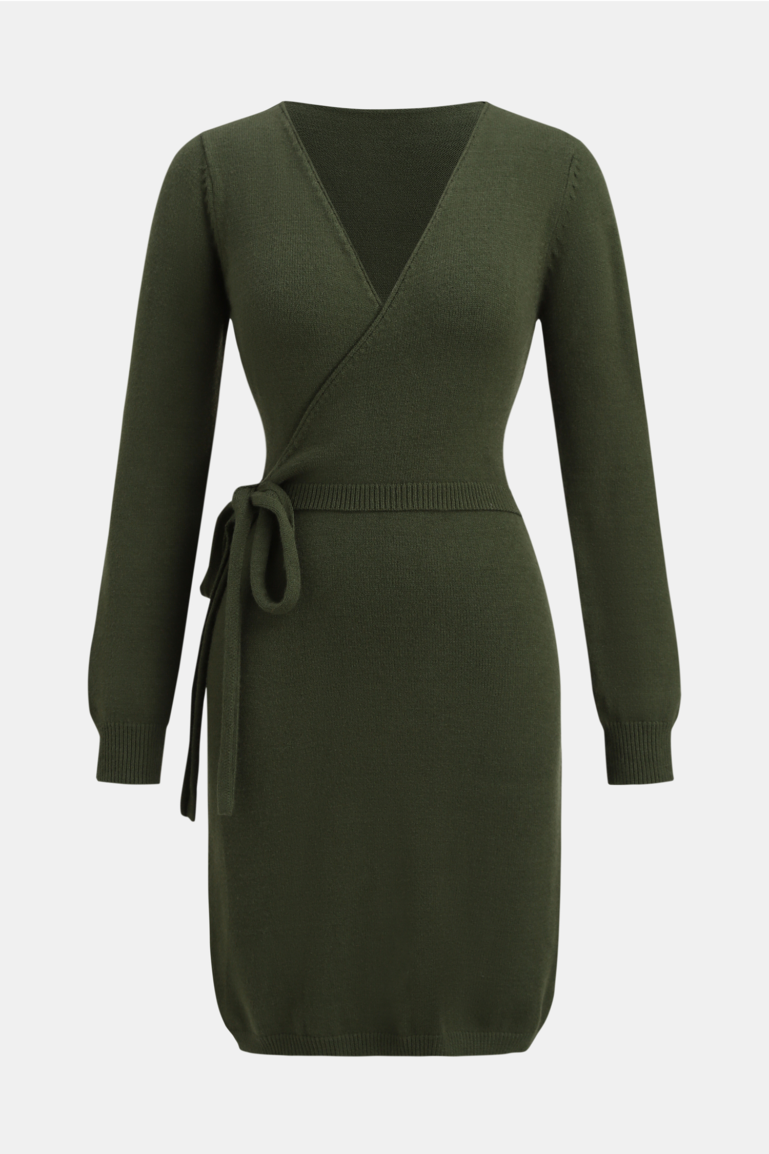 Olive Green Long Sleeve Wrap Mini Sweater Dress