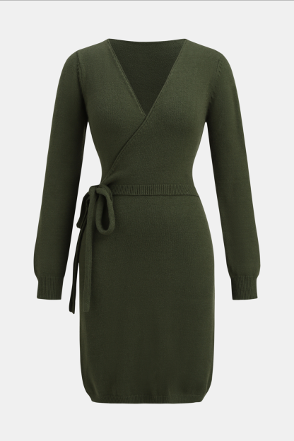 Olive Green Long Sleeve Wrap Mini Sweater Dress