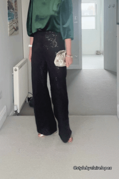 Black Sequins Wide Leg Jersey Pants