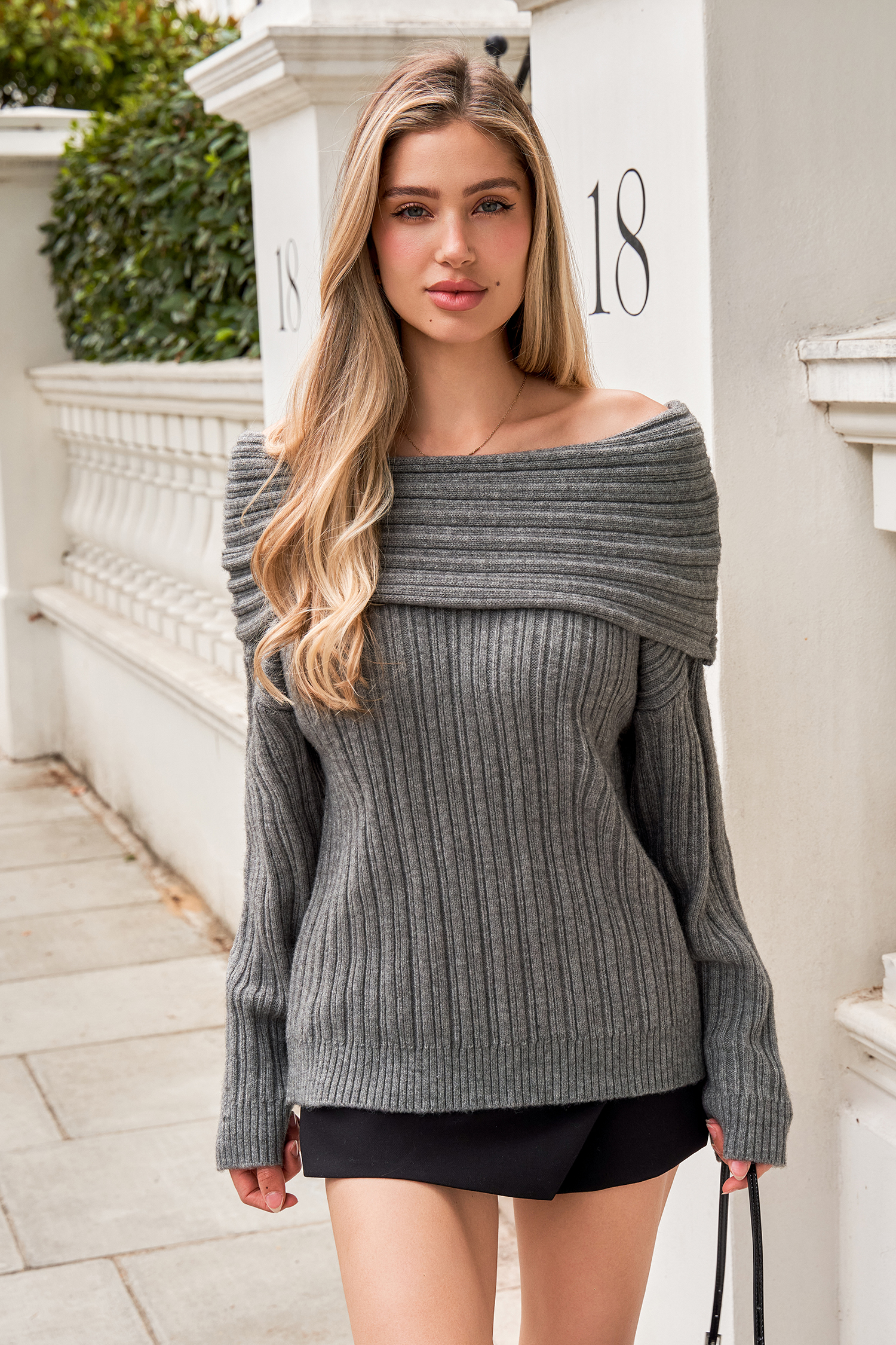 Grey Off-Shoulder Long Sleeve Sweater