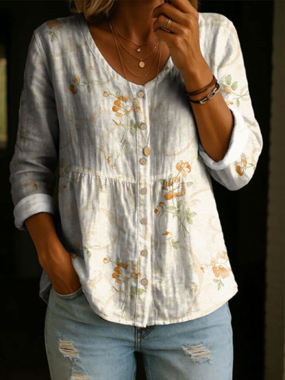 Women's Floral Pattern Art Print Casual Cotton Shirt