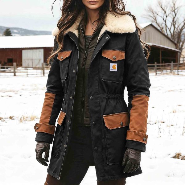 Women's Vintage Black and Brown Contrast Fleece Lapel Collar Mid-Length Shearling Jacket