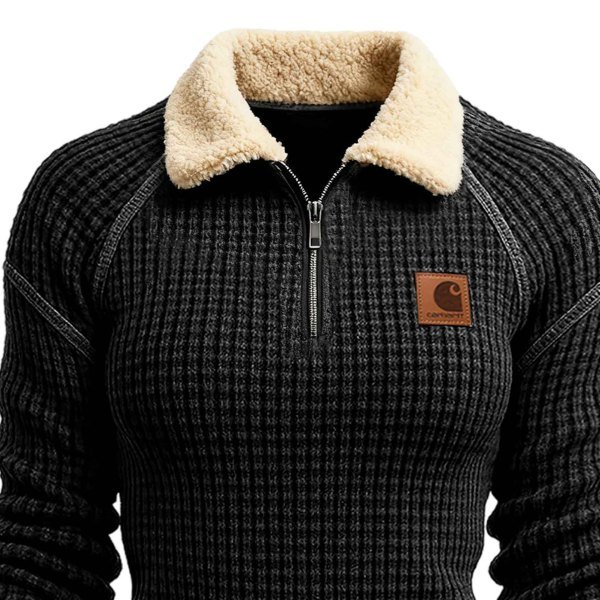 Women's Vintage Black Waffle Knit Quarter-Zip Fur Lapel Long-Sleeve Sweatshirt