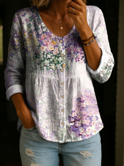 Women's Floral Pattern Art Print Casual Cotton Shirt