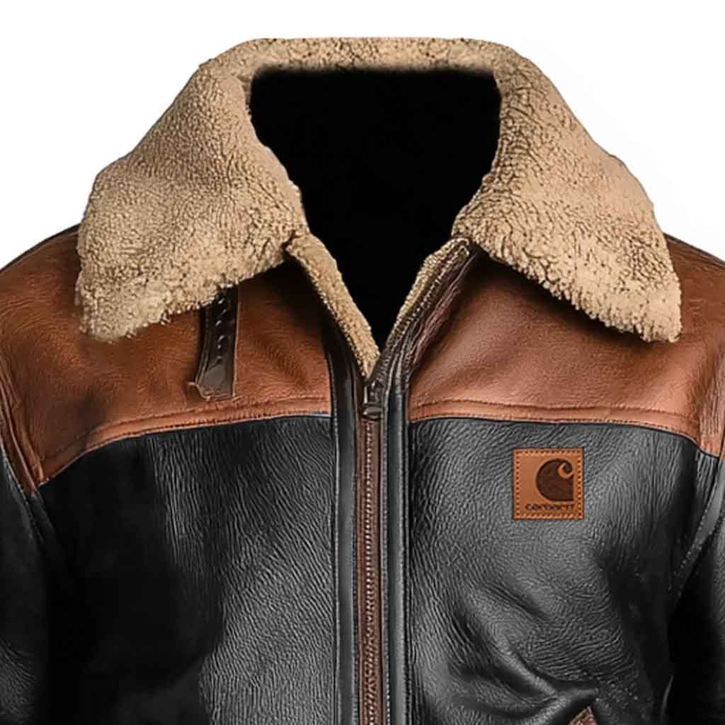 Men's Vintage Black And Brown Leather Lapel Faux Shearling Jacket