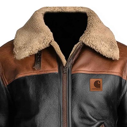 Men's Vintage Black And Brown Leather Lapel Faux Shearling Jacket
