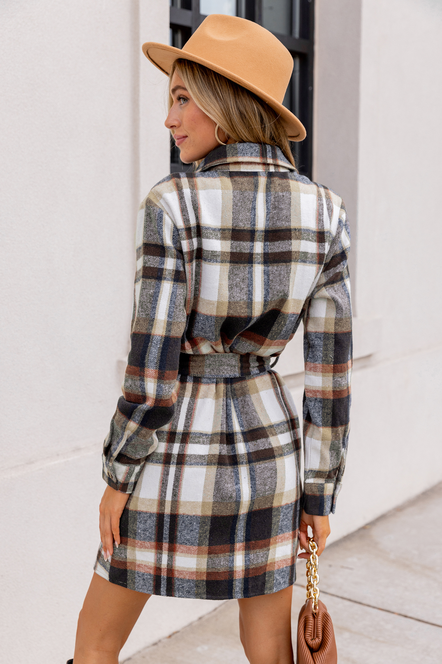 Plaid Collared Long Sleeve Front Button Mini Shirt Dress
