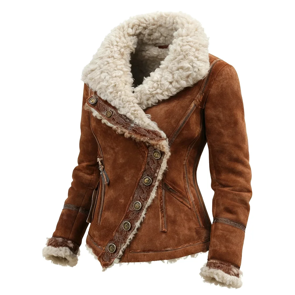 Women's Vintage Suede Oblique Button Design Coat Fur Collar Lapel Coat Beggar Style Coat