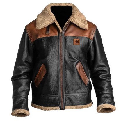 Men's Vintage Black And Brown Leather Lapel Faux Shearling Jacket