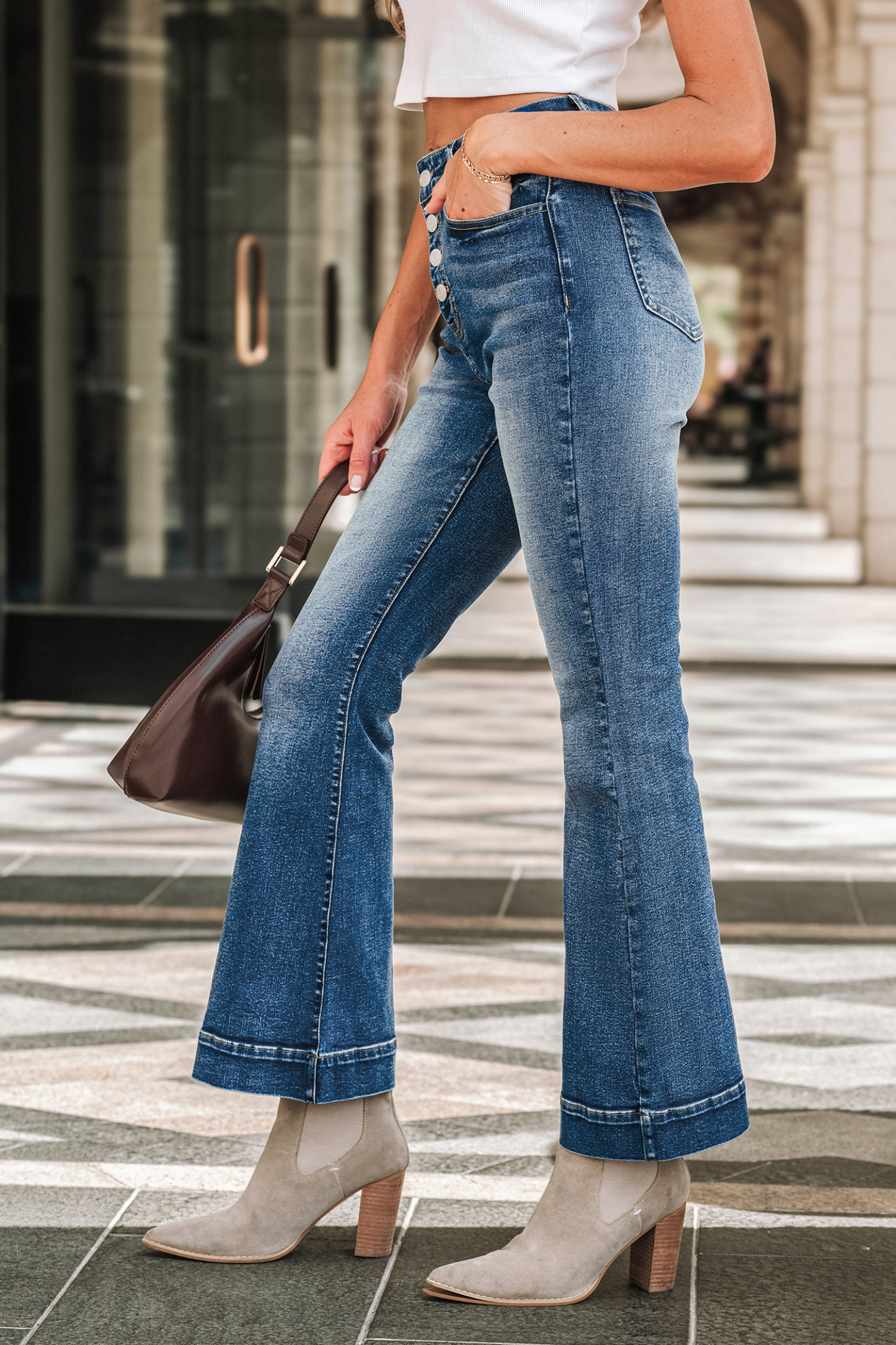 Blue Button Fly Faded Flared Leg Jeans