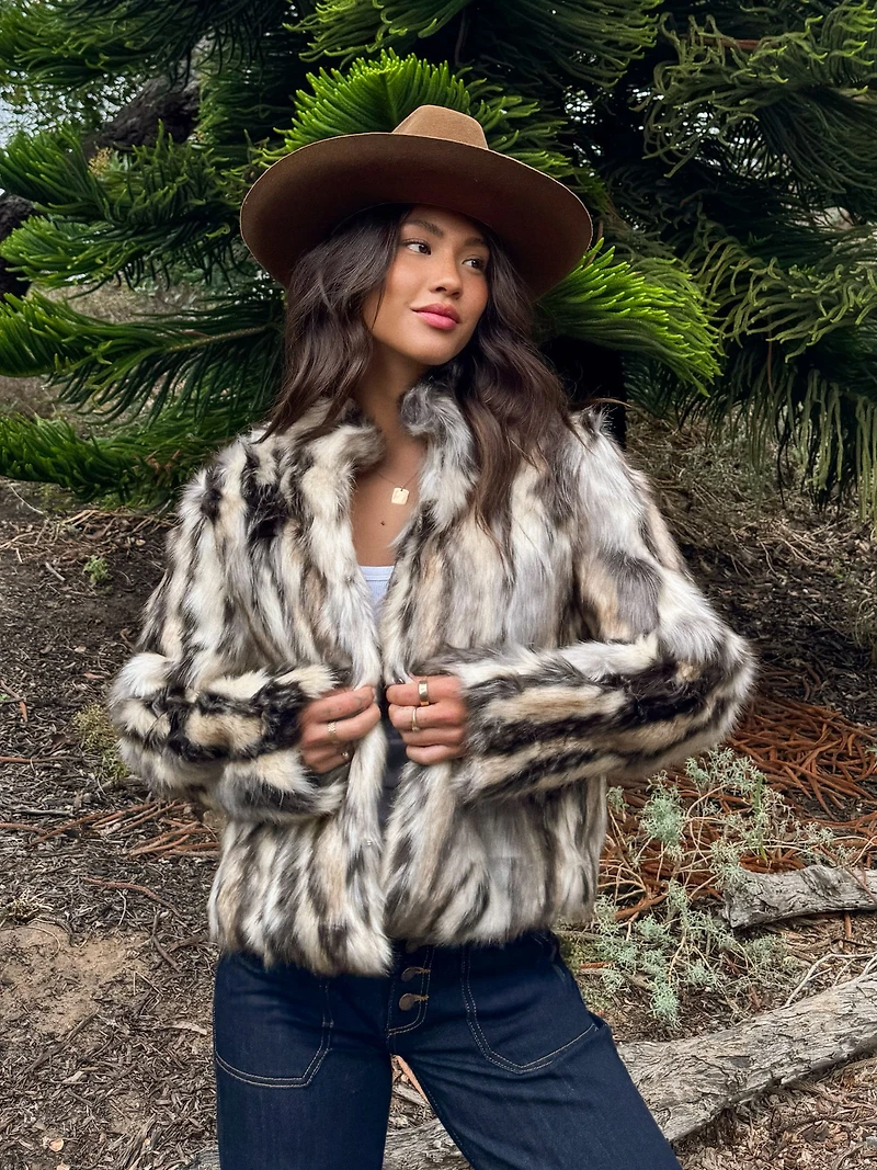 Stripe Mix Color Faux Fur Jacket