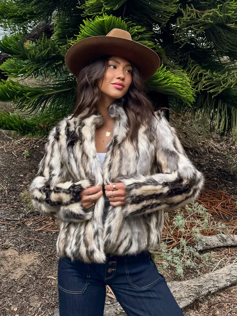 Stripe Mix Color Faux Fur Jacket