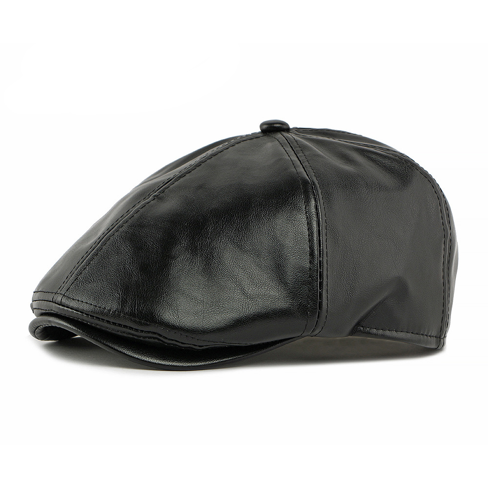 Distressed style six-panel leather newsboy cap
