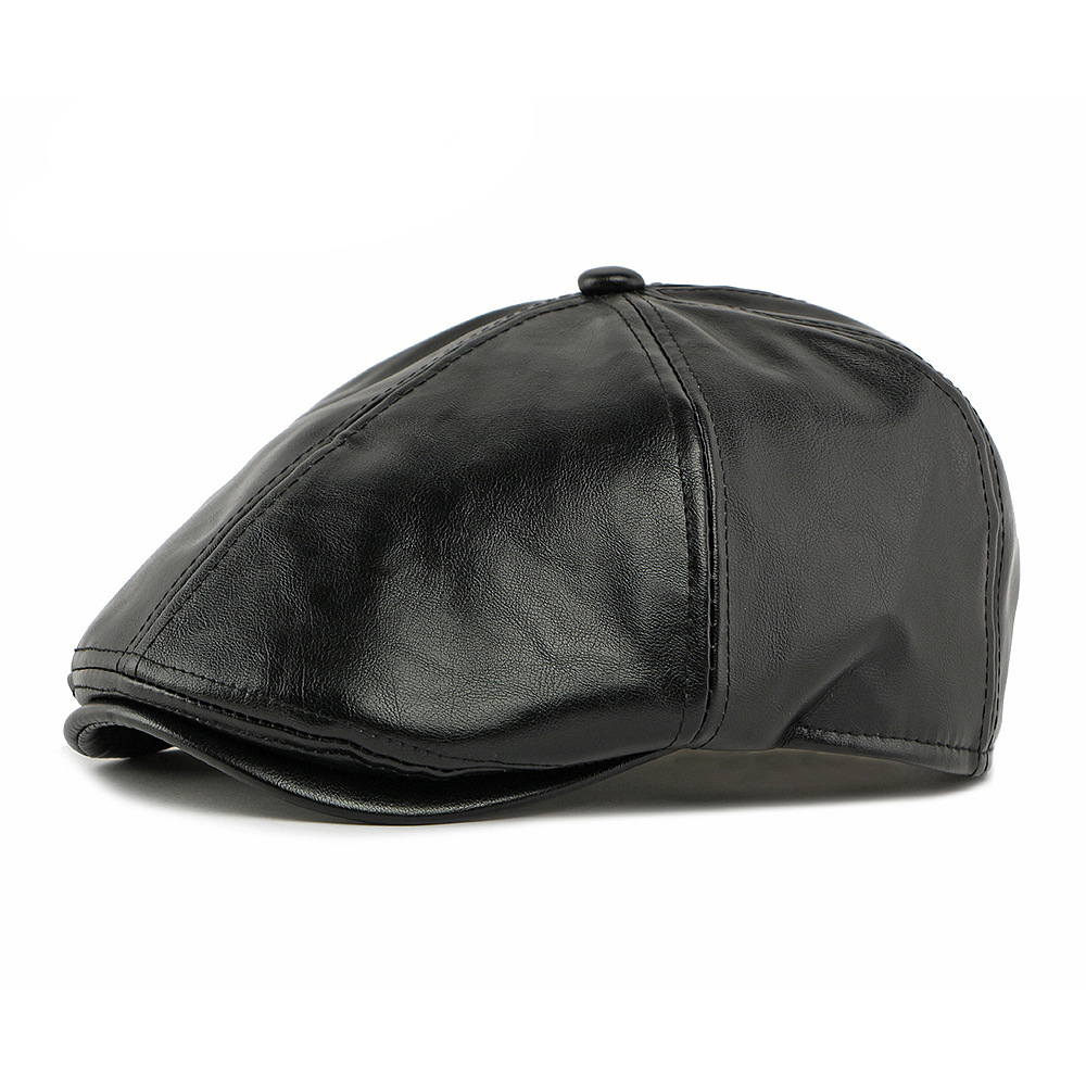 Distressed style six-panel leather newsboy cap