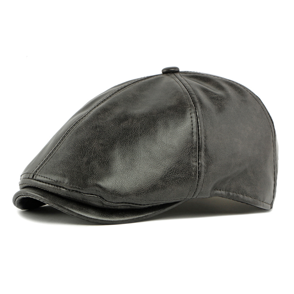 Distressed style six-panel leather newsboy cap