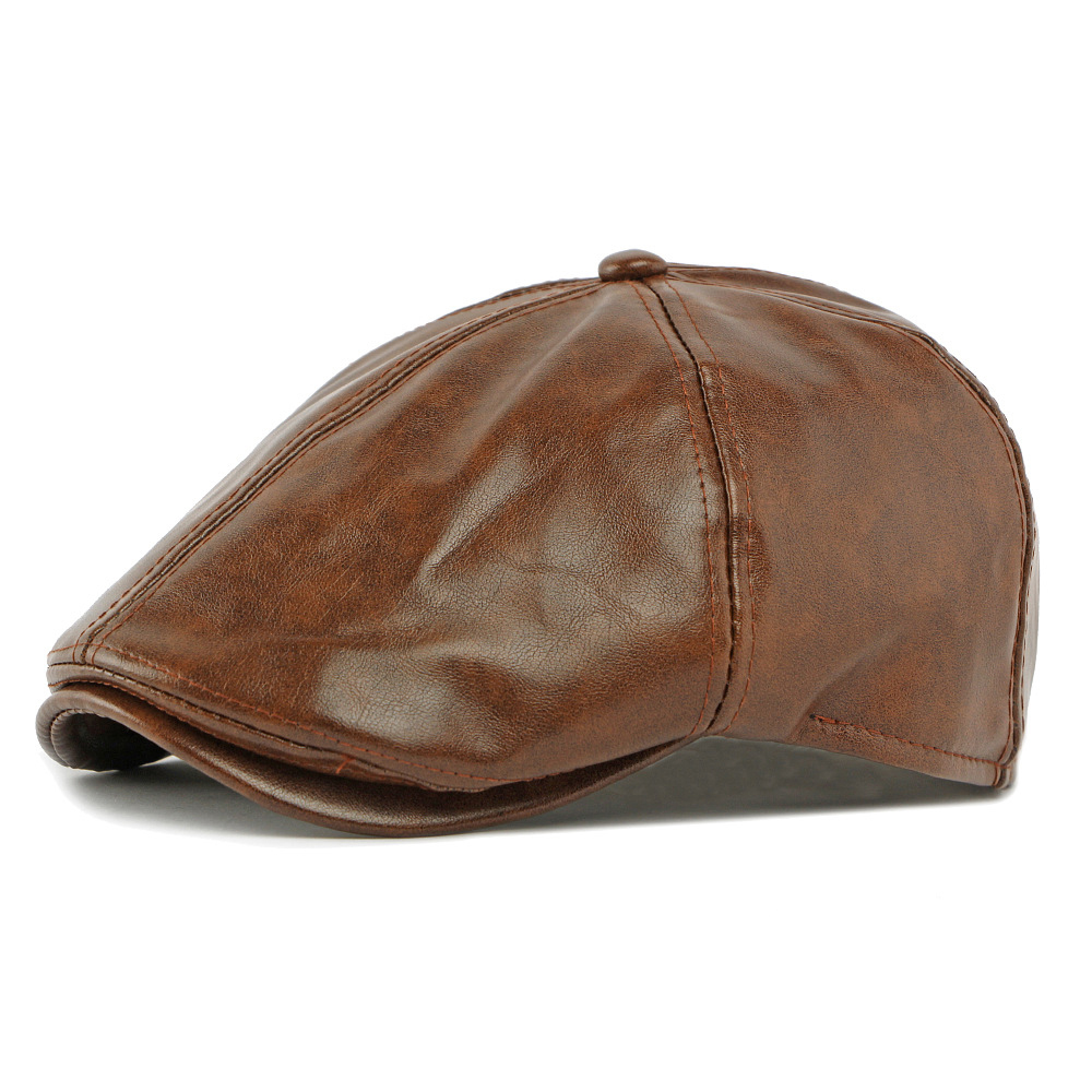 Distressed style six-panel leather newsboy cap