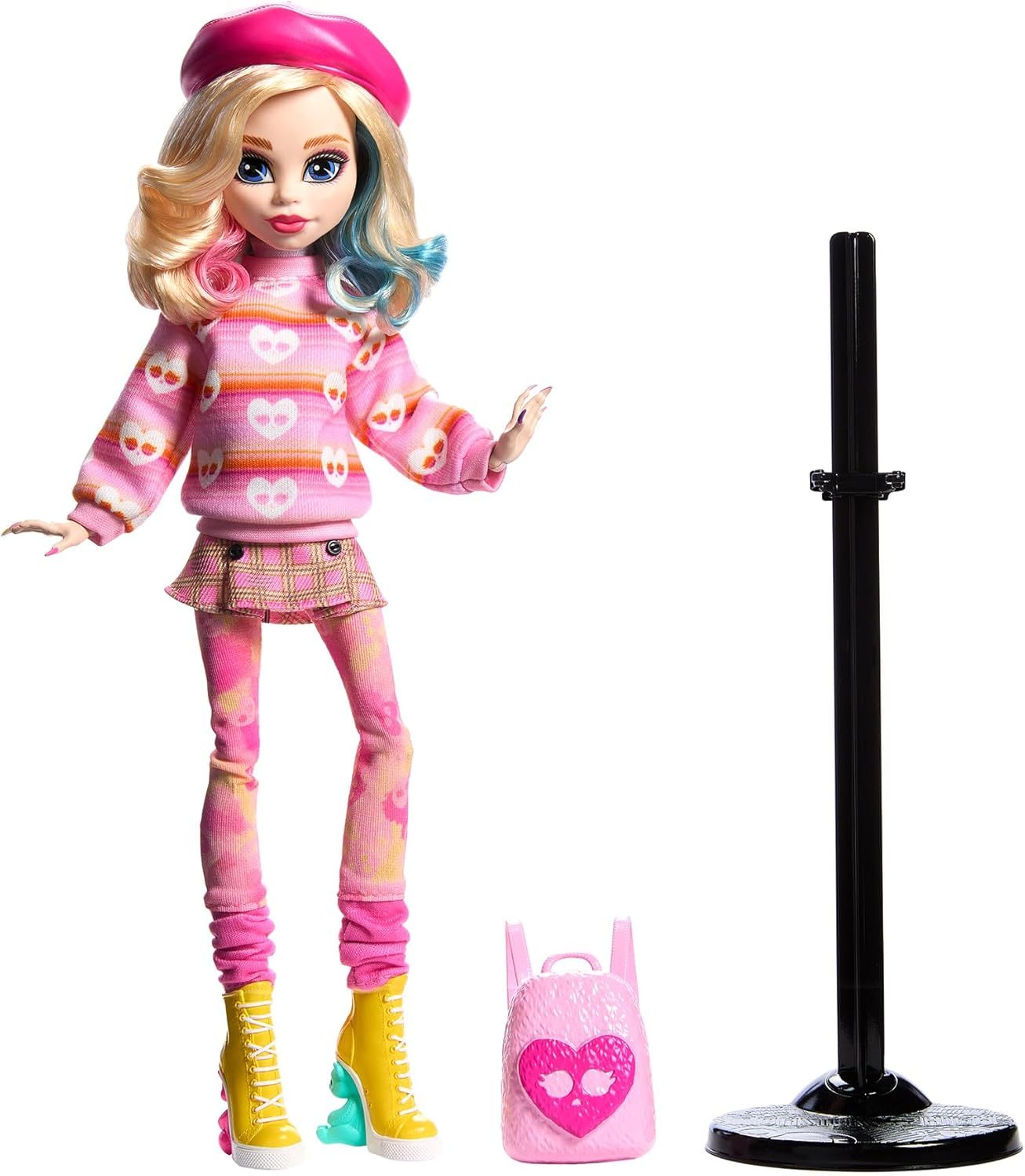 Monster High Wednesday, poupée de collection Enid Sinclair en tenue rose avec béret et sac à dos, support de poupée, HXJ05