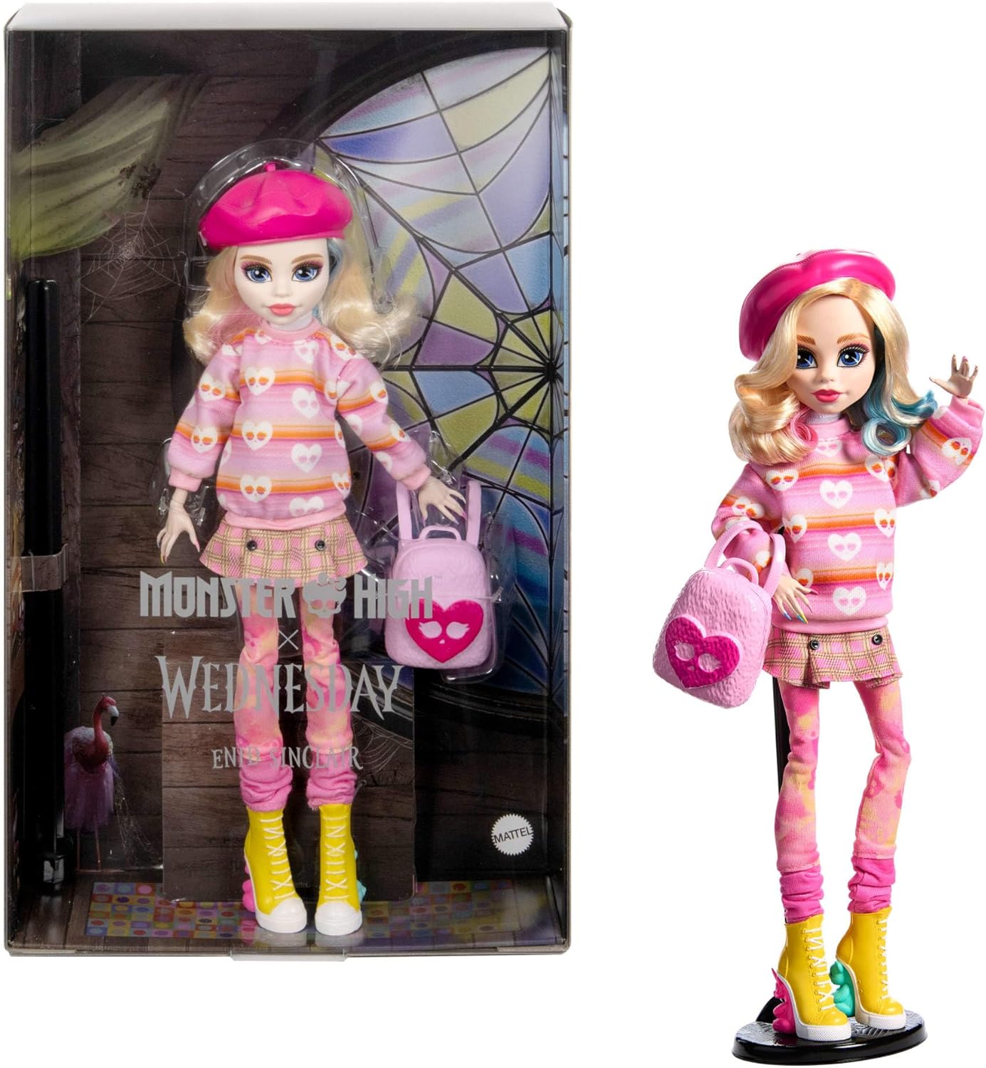Monster High Wednesday, poupée de collection Enid Sinclair en tenue rose avec béret et sac à dos, support de poupée, HXJ05