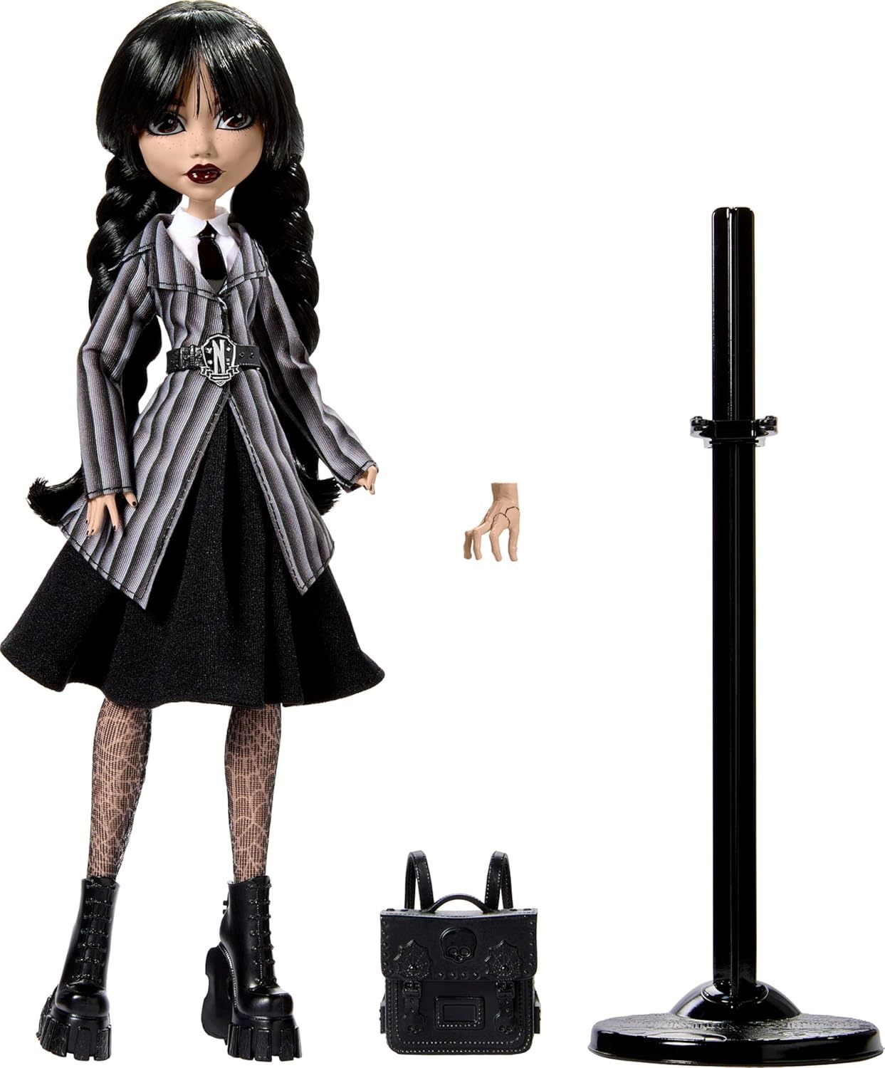 Monster High Wednesday Addams Uniform Doll to Collect in Nevermore Academy Uniform with The Thing and A Backpack, Doll Stand, HXJ04