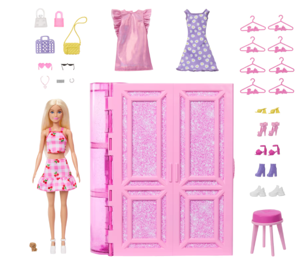 Barbie – armoire de rêves, set avec poupée blonde à la mode, 25 vêtements et accessoires, 3 looks complets inclus (3 ans +)