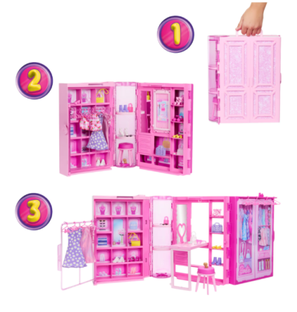 Barbie – armoire de rêves, set avec poupée blonde à la mode, 25 vêtements et accessoires, 3 looks complets inclus (3 ans +)