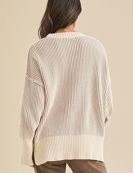 Women's Fashion Autumn Casual Ribbed Knit Crew Neck Sweater