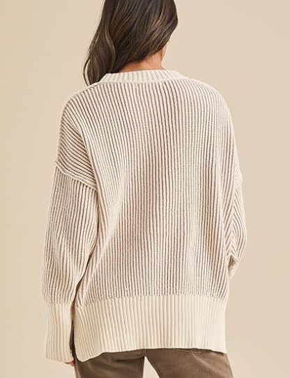 Women's Fashion Autumn Casual Ribbed Knit Crew Neck Sweater