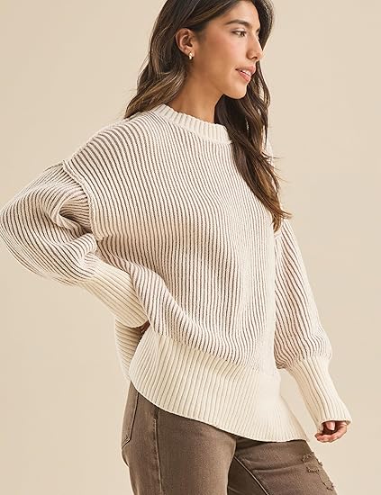 Women's Fashion Autumn Casual Ribbed Knit Crew Neck Sweater